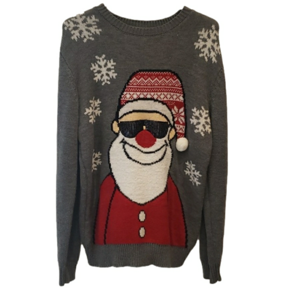 George Christ Sweater Santa Clause Men's Medium Grey Sequence Black Glasse